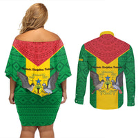 Sao Tome and Principe Independence Day Couples Matching Off Shoulder Short Dress and Long Sleeve Button Shirt Coat Of Arms Mix African Pattern - Wonder Print Shop
