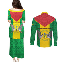 Sao Tome and Principe Independence Day Couples Matching Puletasi and Long Sleeve Button Shirt Coat Of Arms Mix African Pattern - Wonder Print Shop