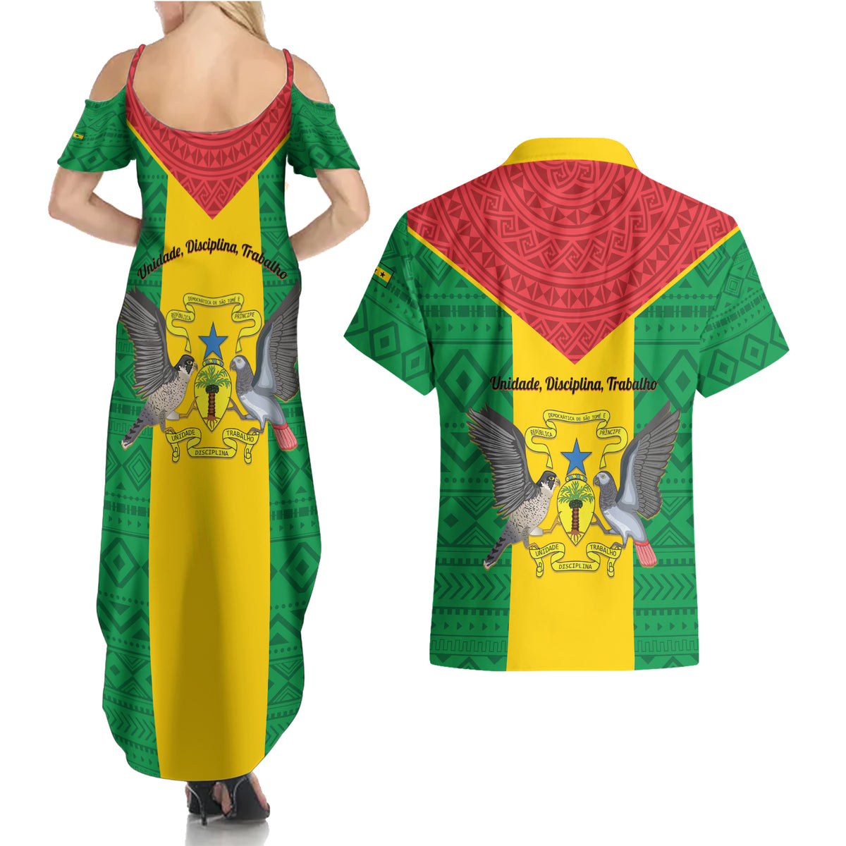 Sao Tome and Principe Independence Day Couples Matching Summer Maxi Dress and Hawaiian Shirt Coat Of Arms Mix African Pattern - Wonder Print Shop