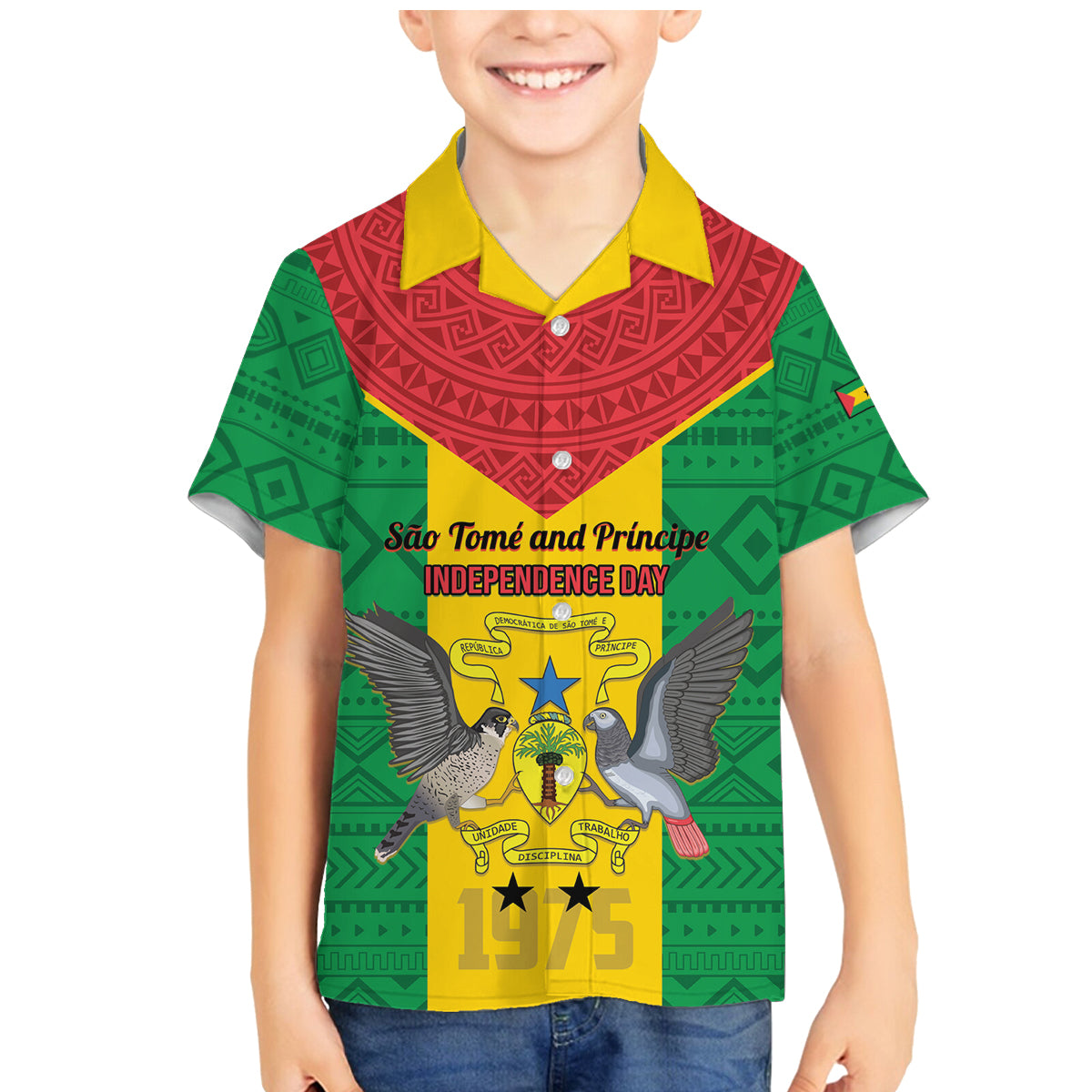 Sao Tome and Principe Independence Day Family Matching Mermaid Dress and Hawaiian Shirt Coat Of Arms Mix African Pattern - Wonder Print Shop