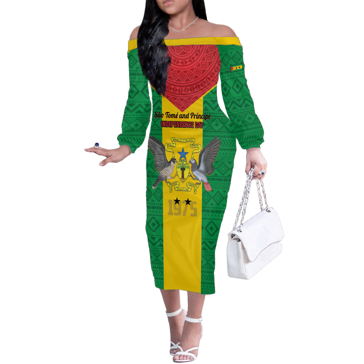 Sao Tome and Principe Independence Day Family Matching Off The Shoulder Long Sleeve Dress and Hawaiian Shirt Coat Of Arms Mix African Pattern - Wonder Print Shop