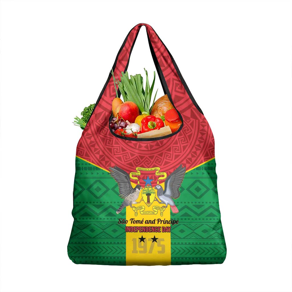 Sao Tome and Principe Independence Day Grocery Bag Coat Of Arms Mix African Pattern