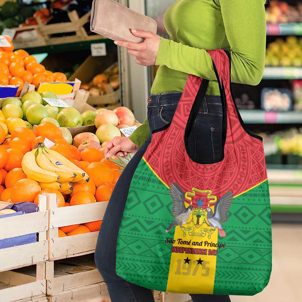 Sao Tome and Principe Independence Day Grocery Bag Coat Of Arms Mix African Pattern
