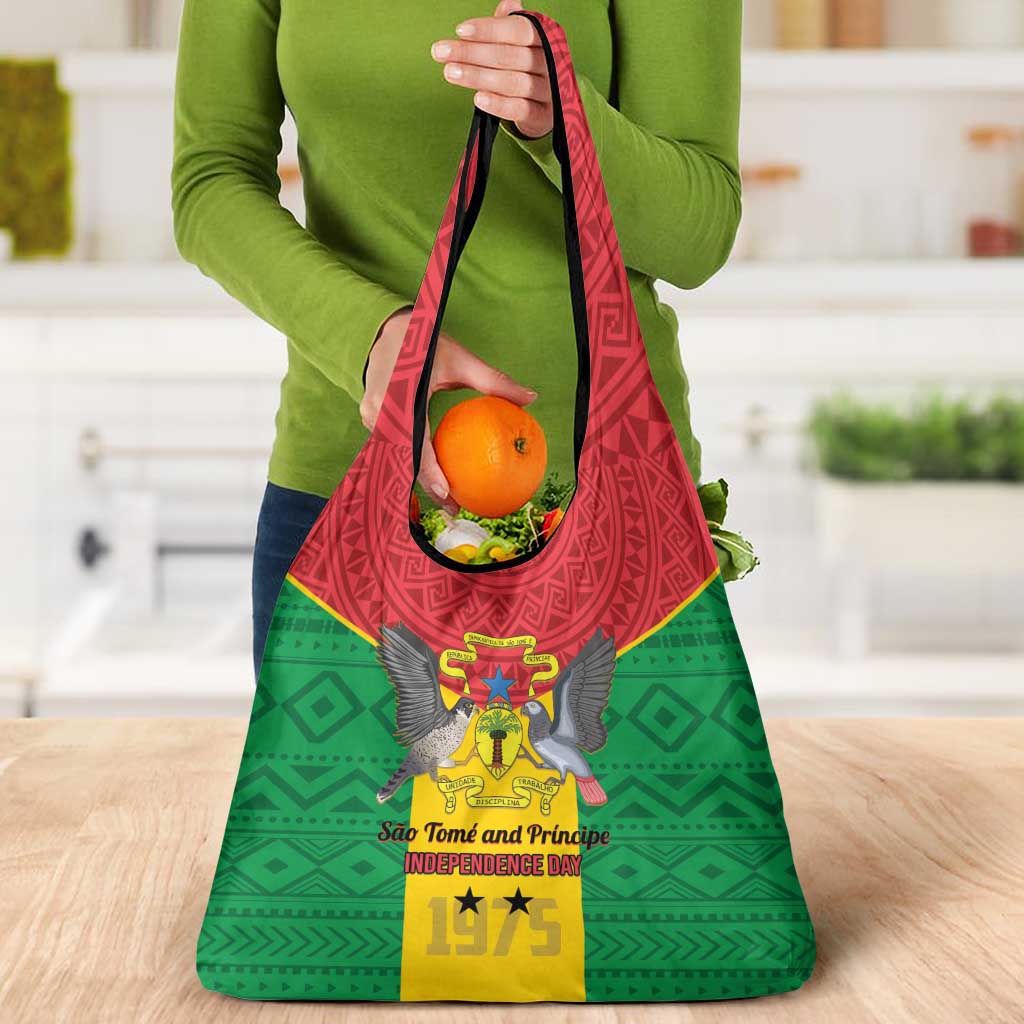 Sao Tome and Principe Independence Day Grocery Bag Coat Of Arms Mix African Pattern