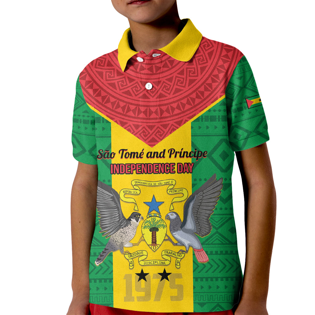 Sao Tome and Principe Independence Day Kid Polo Shirt Coat Of Arms Mix African Pattern - Wonder Print Shop