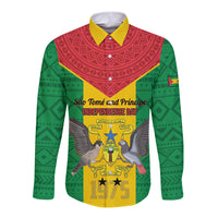 Sao Tome and Principe Independence Day Long Sleeve Button Shirt Coat Of Arms Mix African Pattern - Wonder Print Shop