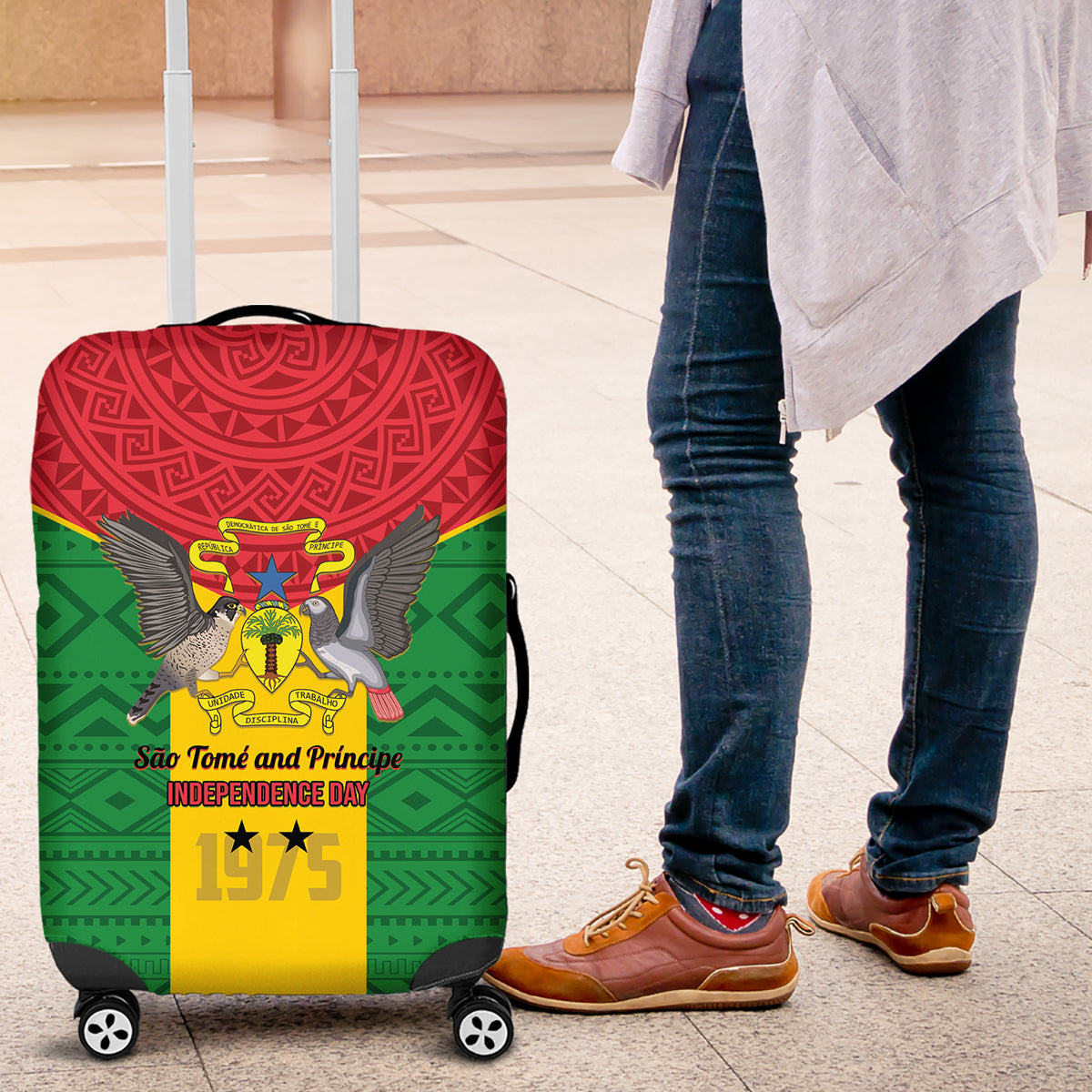Sao Tome and Principe Independence Day Luggage Cover Coat Of Arms Mix African Pattern - Wonder Print Shop