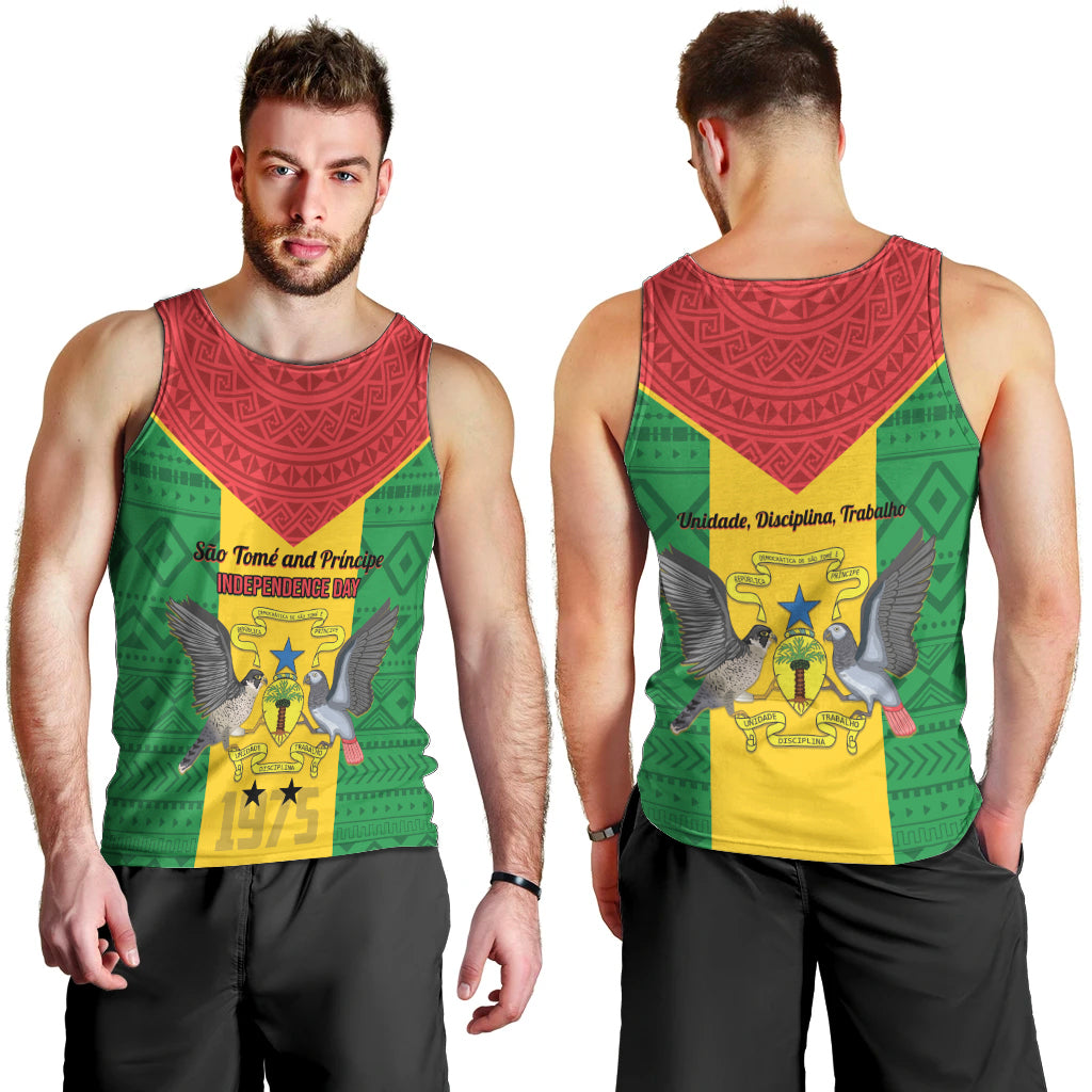 Sao Tome and Principe Independence Day Men Tank Top Coat Of Arms Mix African Pattern - Wonder Print Shop
