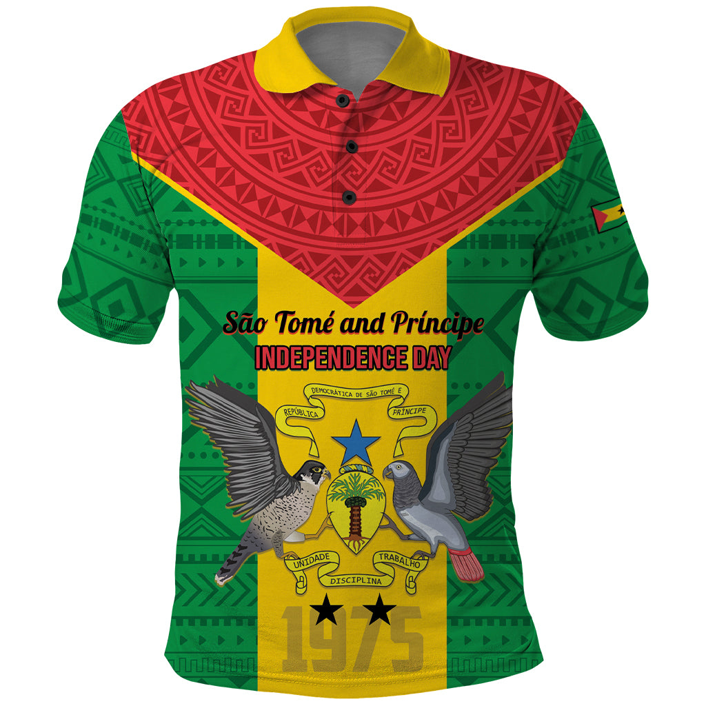 Sao Tome and Principe Independence Day Polo Shirt Coat Of Arms Mix African Pattern - Wonder Print Shop
