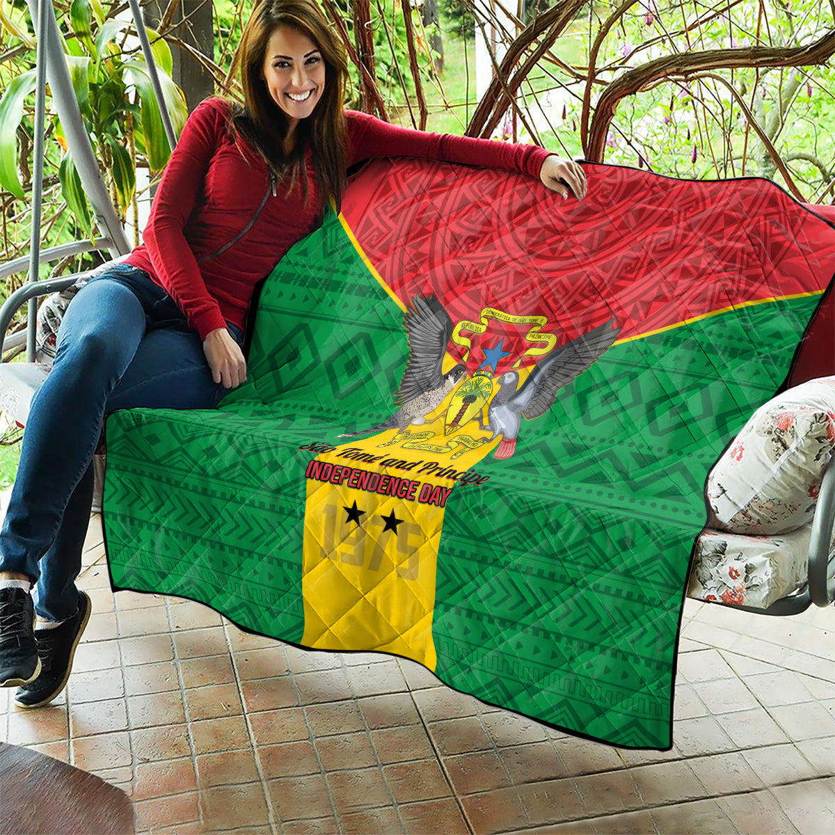 Sao Tome and Principe Independence Day Quilt Coat Of Arms Mix African Pattern - Wonder Print Shop