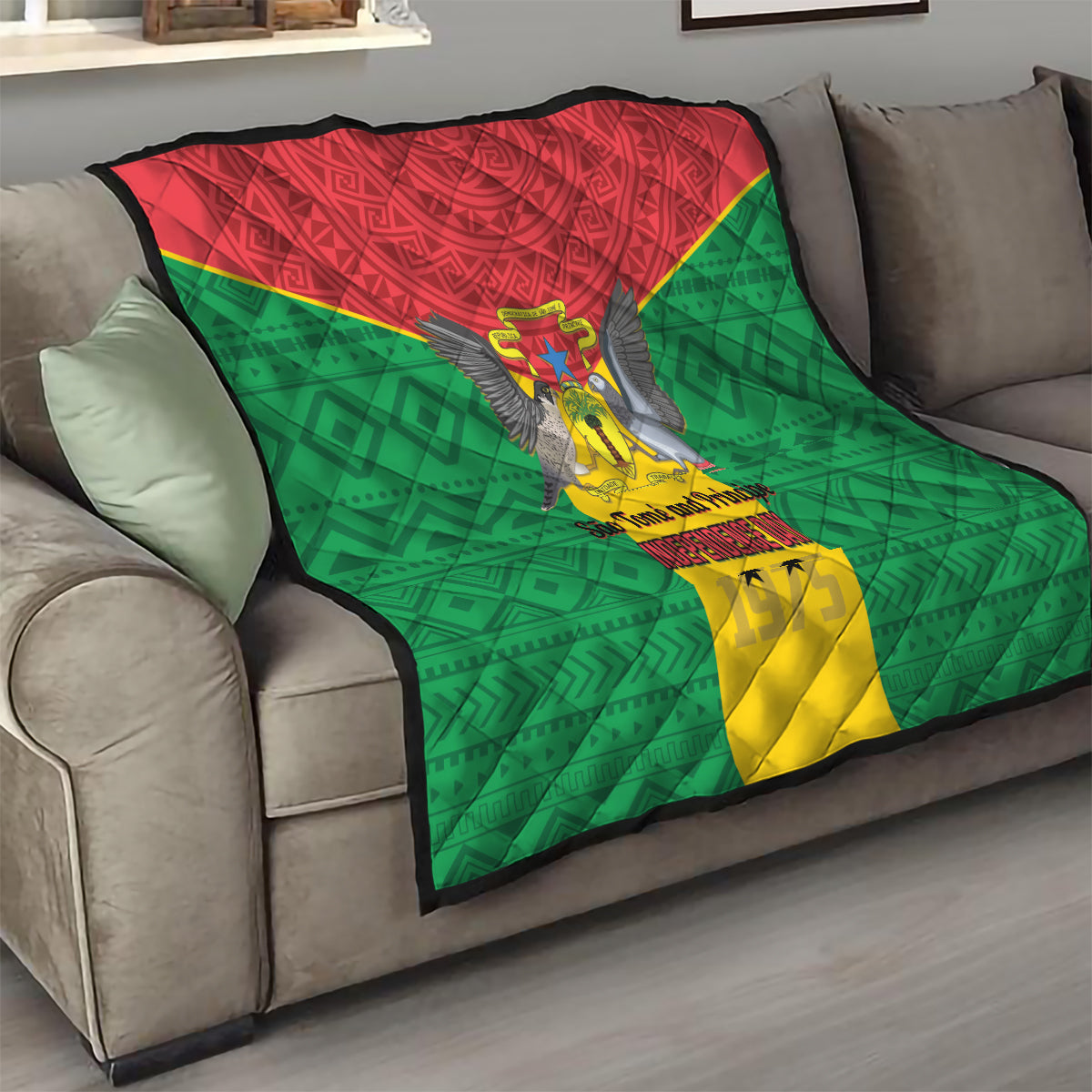 Sao Tome and Principe Independence Day Quilt Coat Of Arms Mix African Pattern - Wonder Print Shop