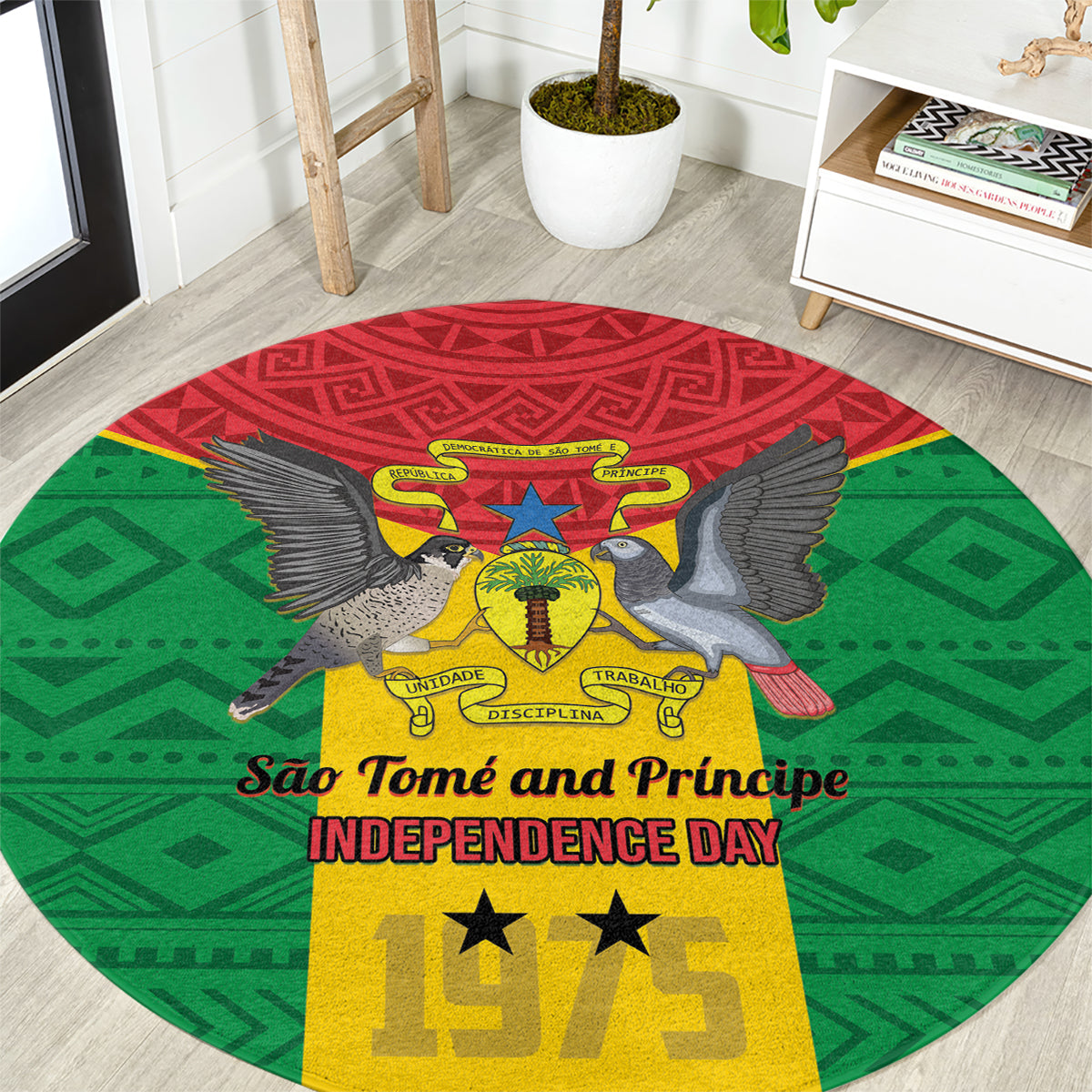 Sao Tome and Principe Independence Day Round Carpet Coat Of Arms Mix African Pattern