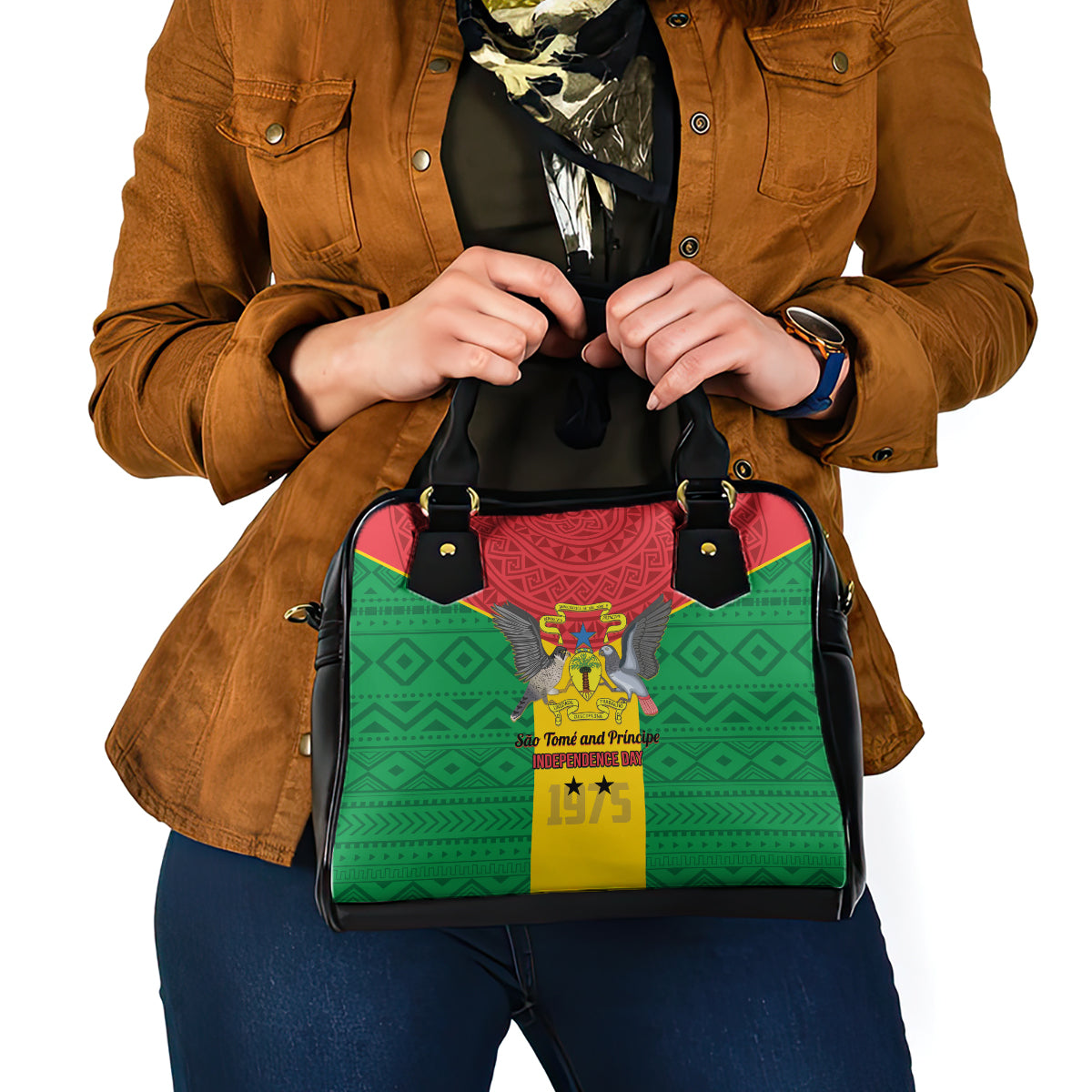 Sao Tome and Principe Independence Day Shoulder Handbag Coat Of Arms Mix African Pattern