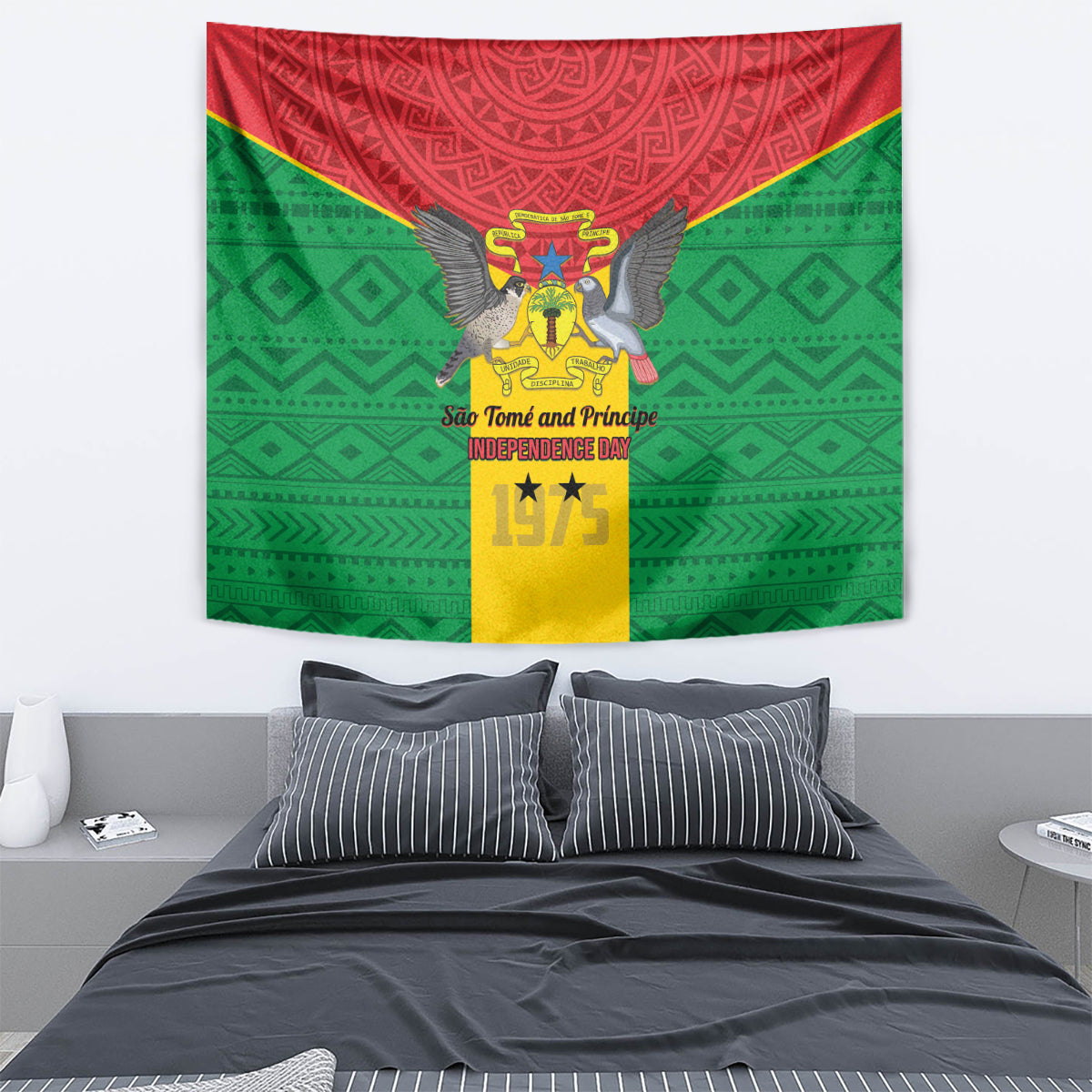 Sao Tome and Principe Independence Day Tapestry Coat Of Arms Mix African Pattern - Wonder Print Shop