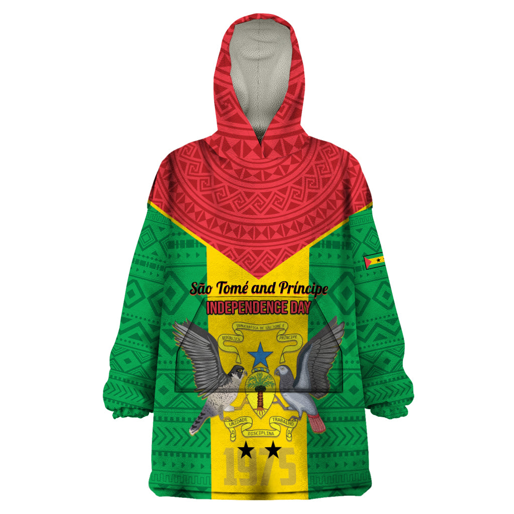 Sao Tome and Principe Independence Day Wearable Blanket Hoodie Coat Of Arms Mix African Pattern - Wonder Print Shop