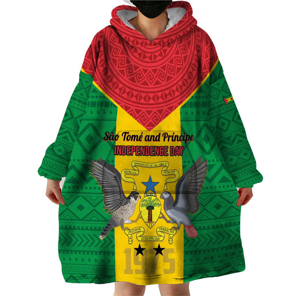 Sao Tome and Principe Independence Day Wearable Blanket Hoodie Coat Of Arms Mix African Pattern - Wonder Print Shop
