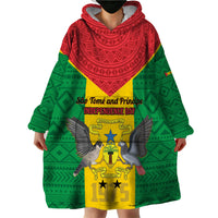 Sao Tome and Principe Independence Day Wearable Blanket Hoodie Coat Of Arms Mix African Pattern - Wonder Print Shop