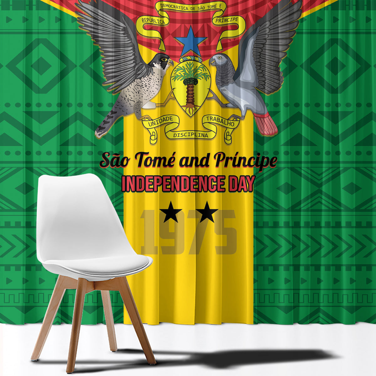 Sao Tome and Principe Independence Day Window Curtain Coat Of Arms Mix African Pattern - Wonder Print Shop