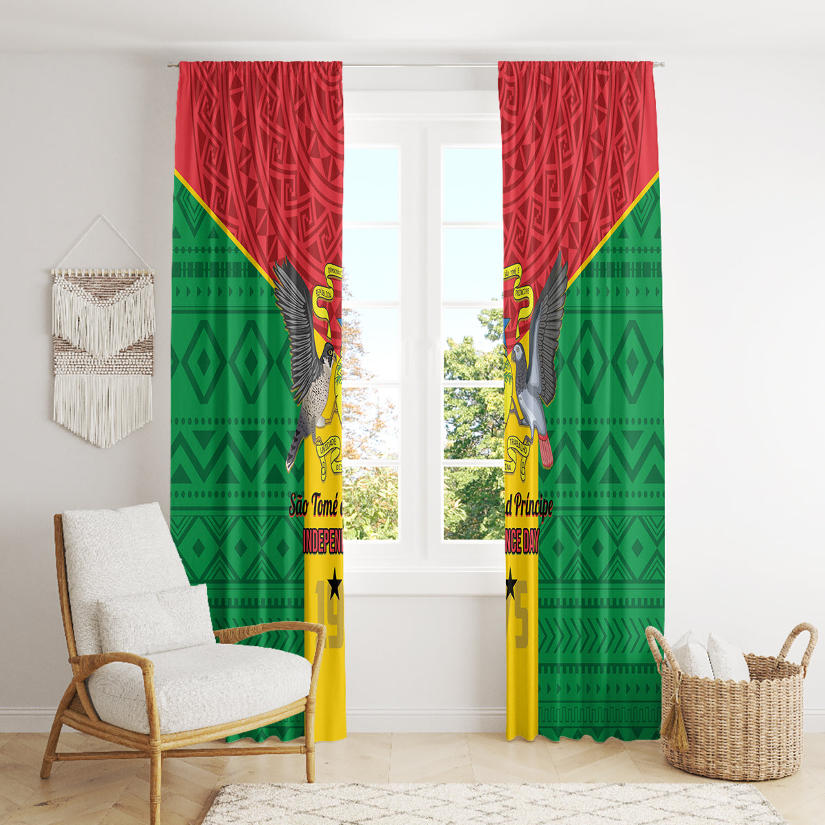 Sao Tome and Principe Independence Day Window Curtain Coat Of Arms Mix African Pattern - Wonder Print Shop