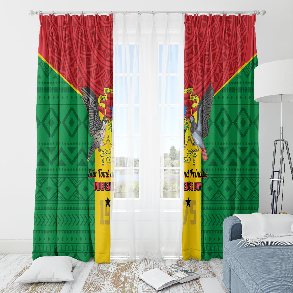 Sao Tome and Principe Independence Day Window Curtain Coat Of Arms Mix African Pattern - Wonder Print Shop