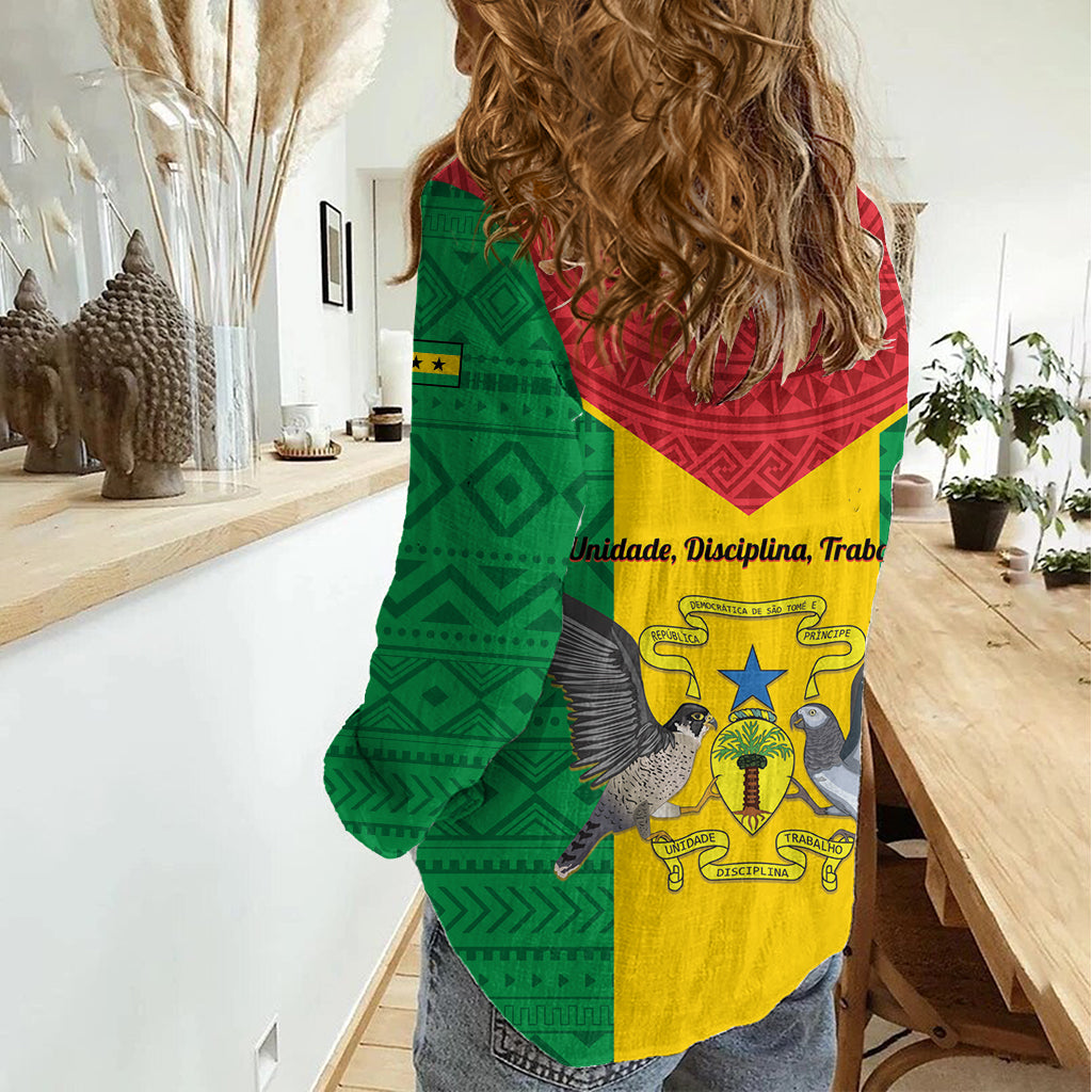 Sao Tome and Principe Independence Day Women Casual Shirt Coat Of Arms Mix African Pattern - Wonder Print Shop