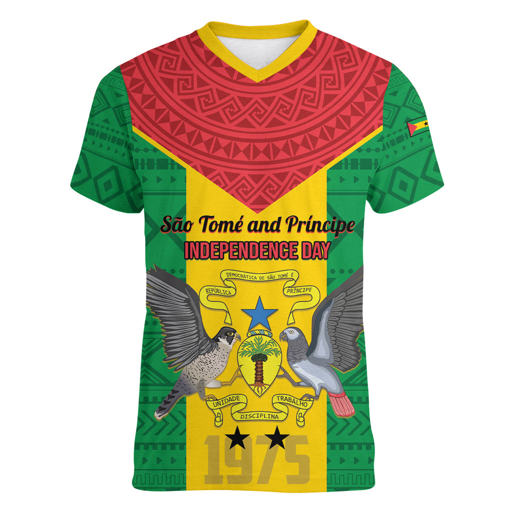 Sao Tome and Principe Independence Day Women V-Neck T-Shirt Coat Of Arms Mix African Pattern - Wonder Print Shop
