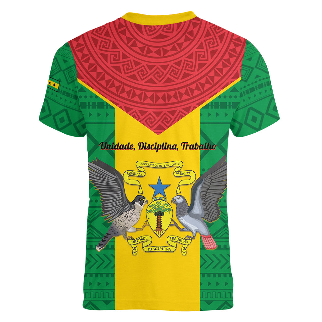 Sao Tome and Principe Independence Day Women V-Neck T-Shirt Coat Of Arms Mix African Pattern - Wonder Print Shop