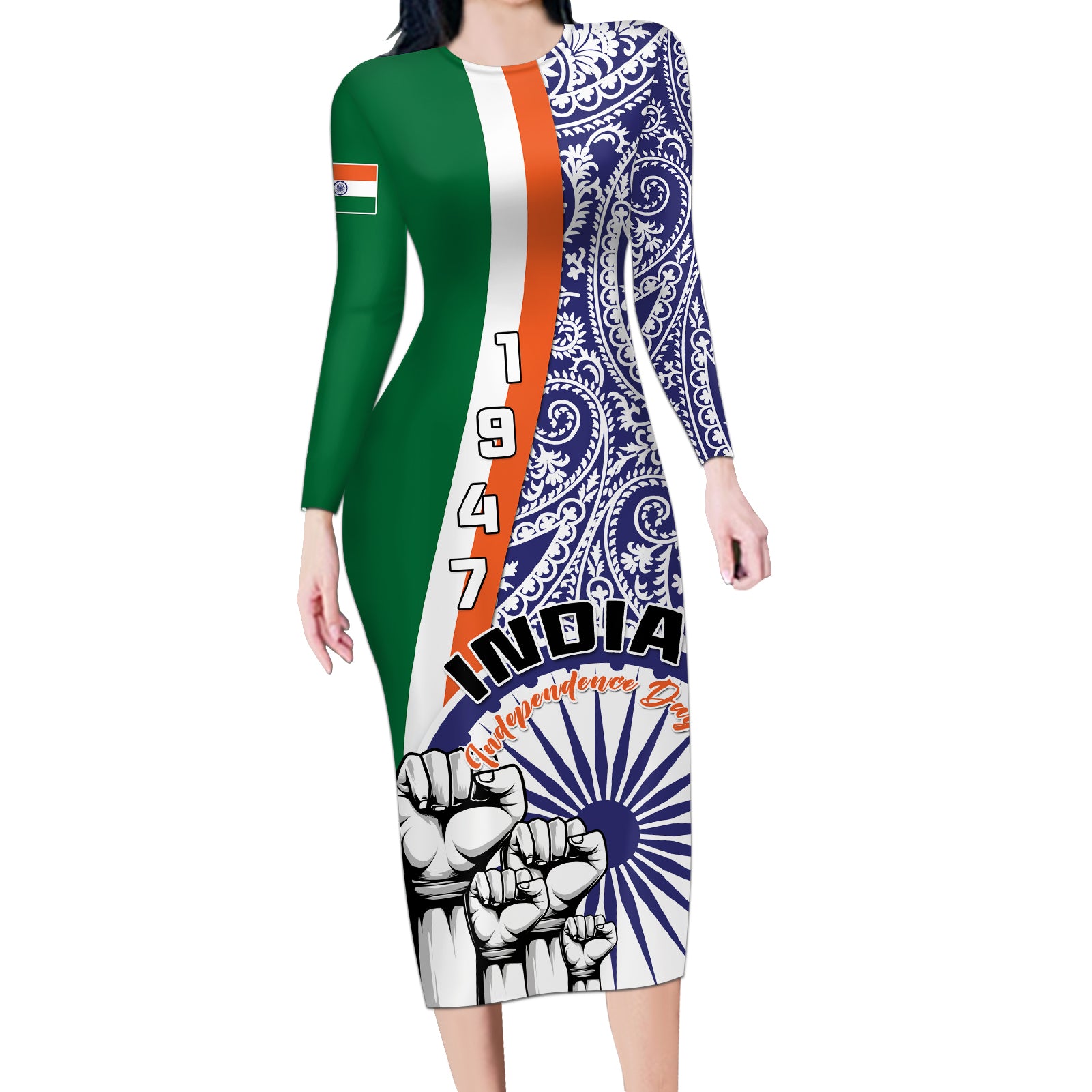 india-independence-day-long-sleeve-bodycon-dress-indian-paisley-pattern