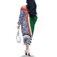 India Independence Day Off The Shoulder Long Sleeve Dress Indian Paisley Pattern - Wonder Print Shop