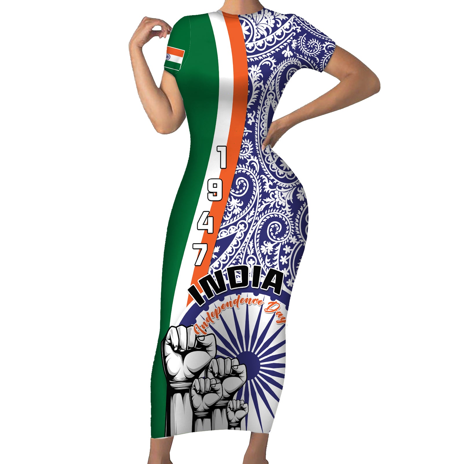 India Independence Day Short Sleeve Bodycon Dress Indian Paisley Pattern - Wonder Print Shop