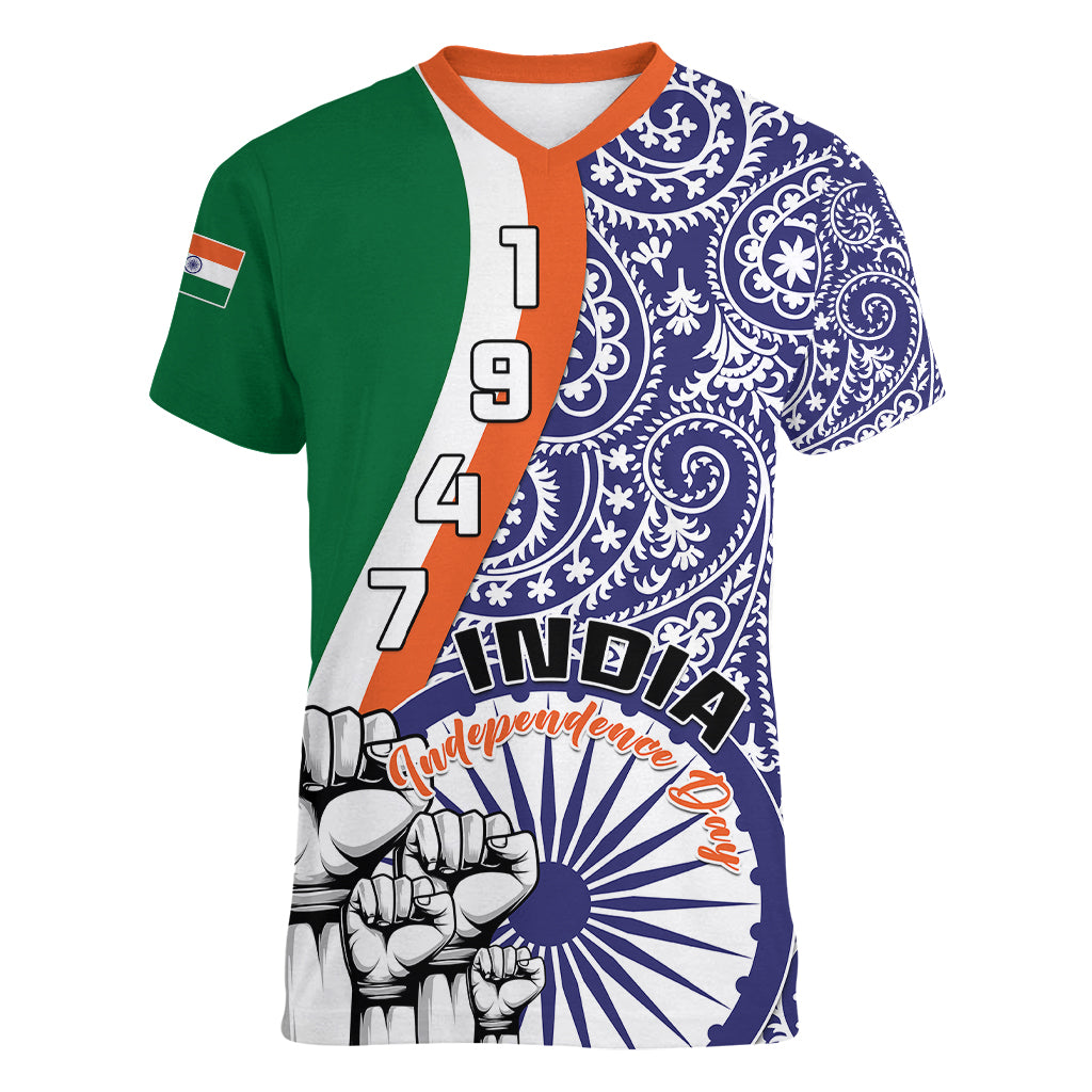 India Independence Day Women V Neck T Shirt Indian Paisley Pattern - Wonder Print Shop