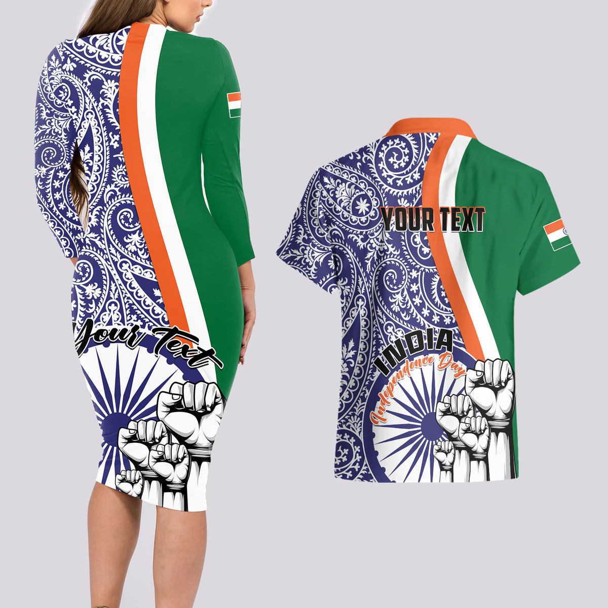 Personalised India Independence Day Couples Matching Long Sleeve Bodycon Dress and Hawaiian Shirt Indian Paisley Pattern - Wonder Print Shop