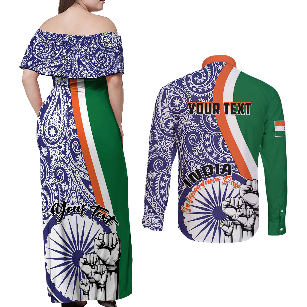 Personalised India Independence Day Couples Matching Off Shoulder Maxi Dress and Long Sleeve Button Shirts Indian Paisley Pattern - Wonder Print Shop