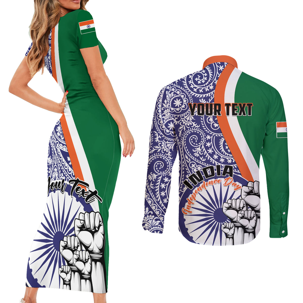 Personalised India Independence Day Couples Matching Short Sleeve Bodycon Dress and Long Sleeve Button Shirts Indian Paisley Pattern - Wonder Print Shop