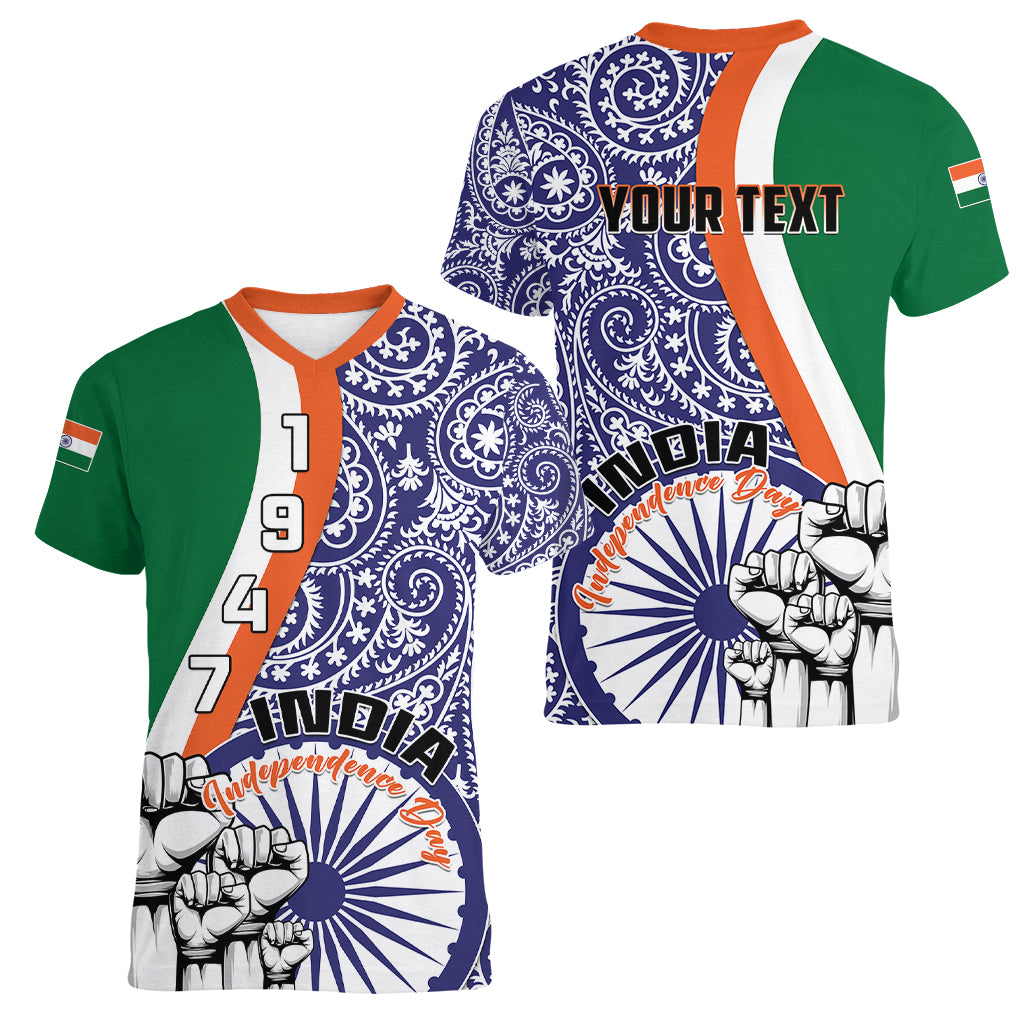 Personalised India Independence Day Women V Neck T Shirt Indian Paisley Pattern - Wonder Print Shop