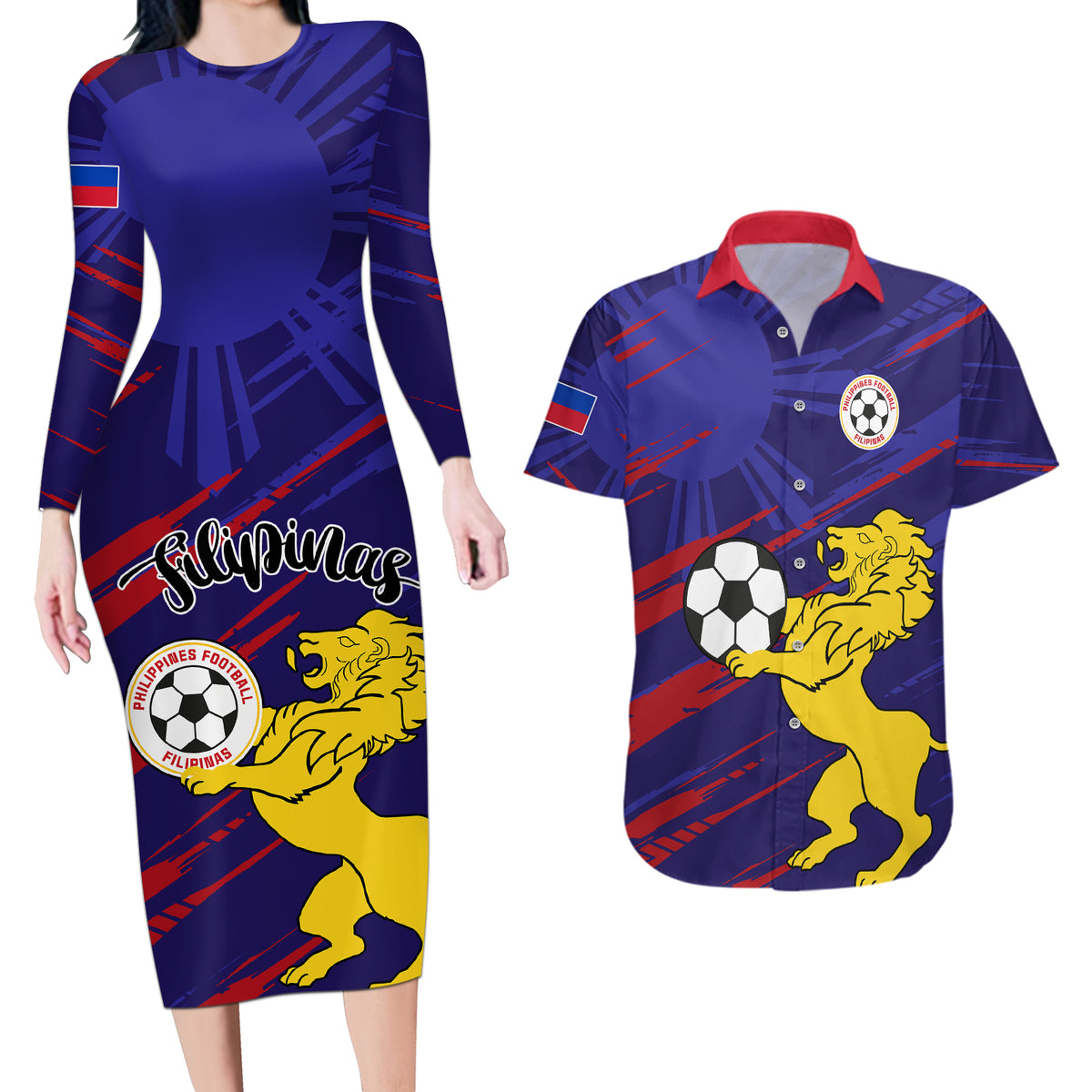 Philippines Football Couples Matching Long Sleeve Bodycon Dress and Hawaiian Shirt Filipinas Lion Sporty Style - Wonder Print Shop