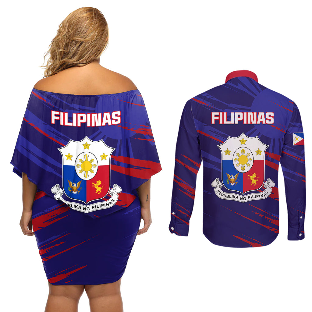 Philippines Football Couples Matching Off Shoulder Short Dress and Long Sleeve Button Shirts Filipinas Lion Sporty Style - Wonder Print Shop