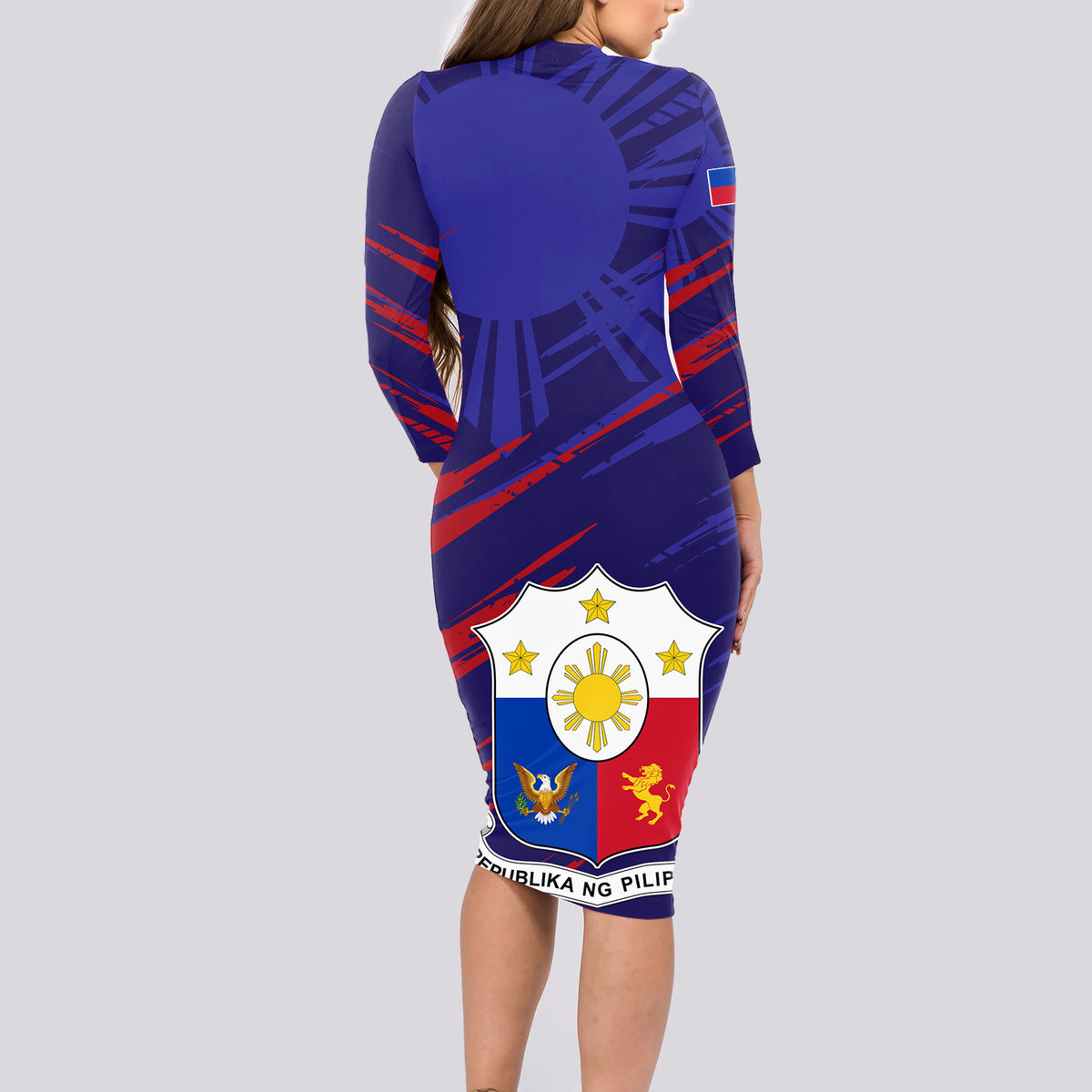 Personalised Philippines Football Long Sleeve Bodycon Dress Filipinas Lion Sporty Style - Wonder Print Shop
