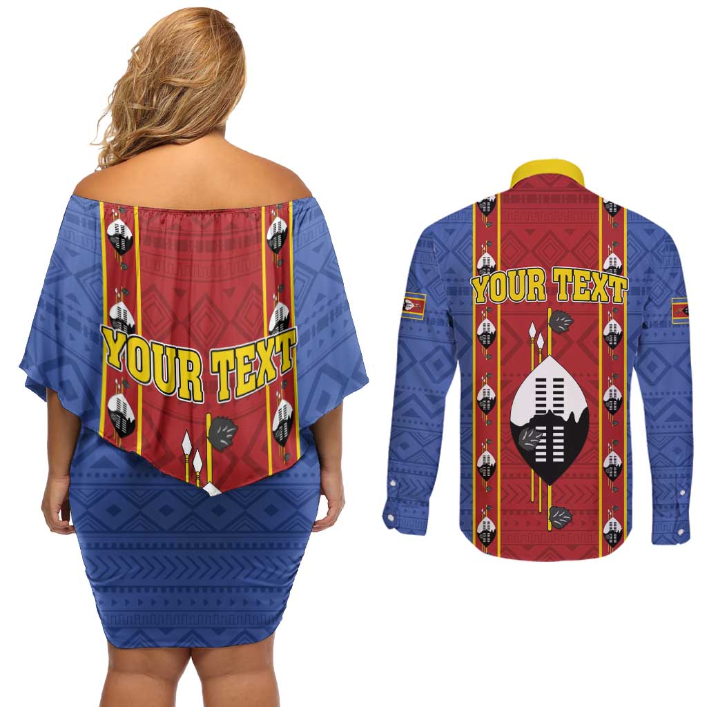 Eswatini African Pattern Couples Matching Off Shoulder Short Dress and Long Sleeve Button Shirt Swaziland Shield Siyinqaba - Wonder Print Shop