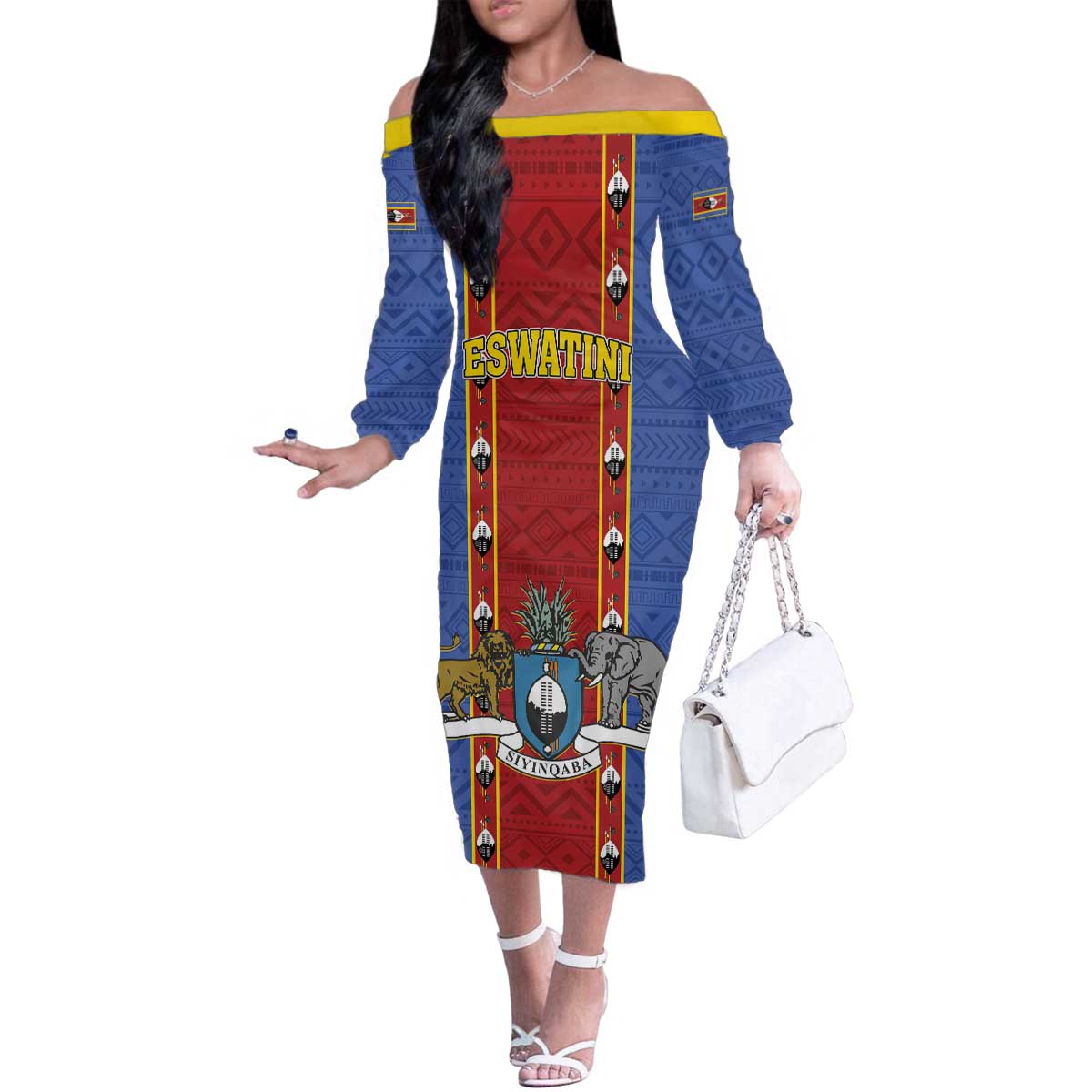Eswatini African Pattern Family Matching Off The Shoulder Long Sleeve Dress and Hawaiian Shirt Swaziland Shield Siyinqaba - Wonder Print Shop