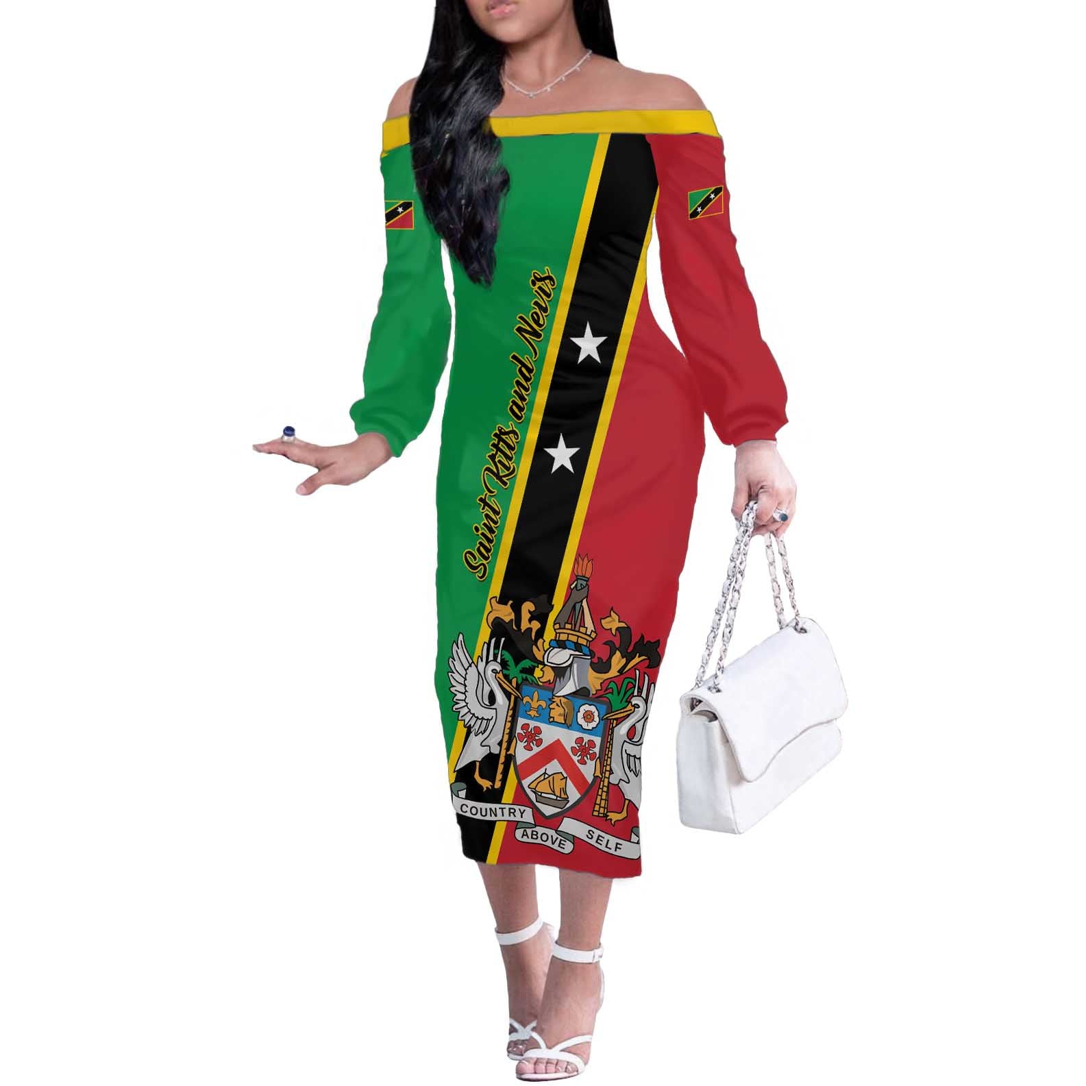 Saint Kitts and Nevis Off The Shoulder Long Sleeve Dress Country Above Self - Wonder Print Shop