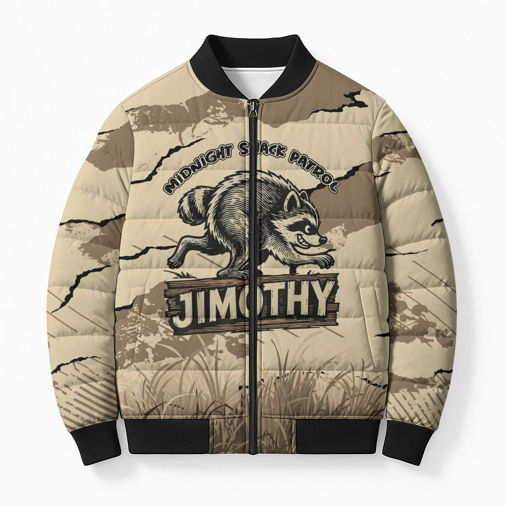 Personalized Jimothy the Raccoon Bomber Puffer Jacket Midnight Snack Patrol