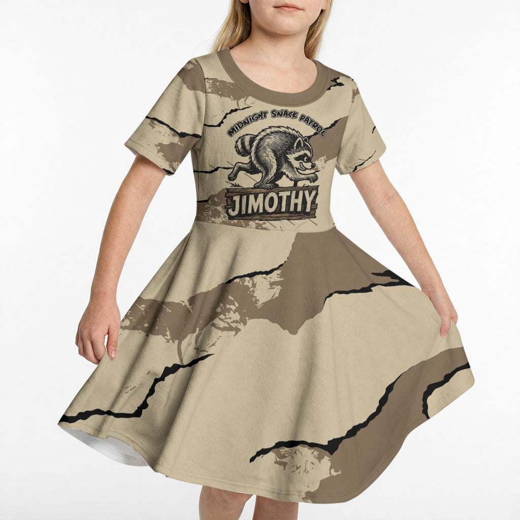 Personalized Jimothy the Raccoon Kid Short Sleeve Dress Midnight Snack Patrol