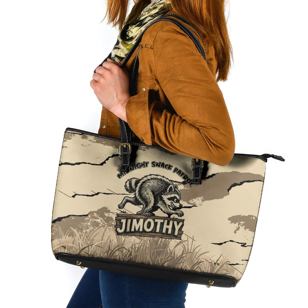 Jimothy the Raccoon Leather Tote Bag Midnight Snack Patrol