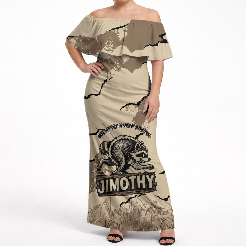 Personalized Jimothy the Raccoon Off Shoulder Maxi Dress Midnight Snack Patrol