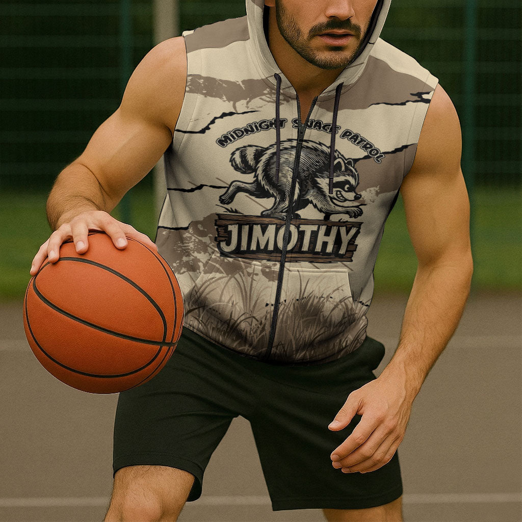 Personalized Jimothy the Raccoon Sleeveless Zip Hoodie Midnight Snack Patrol