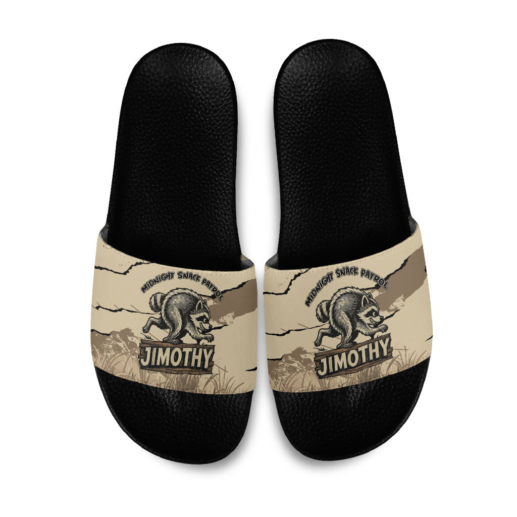 Jimothy the Raccoon Slide Sandals Midnight Snack Patrol