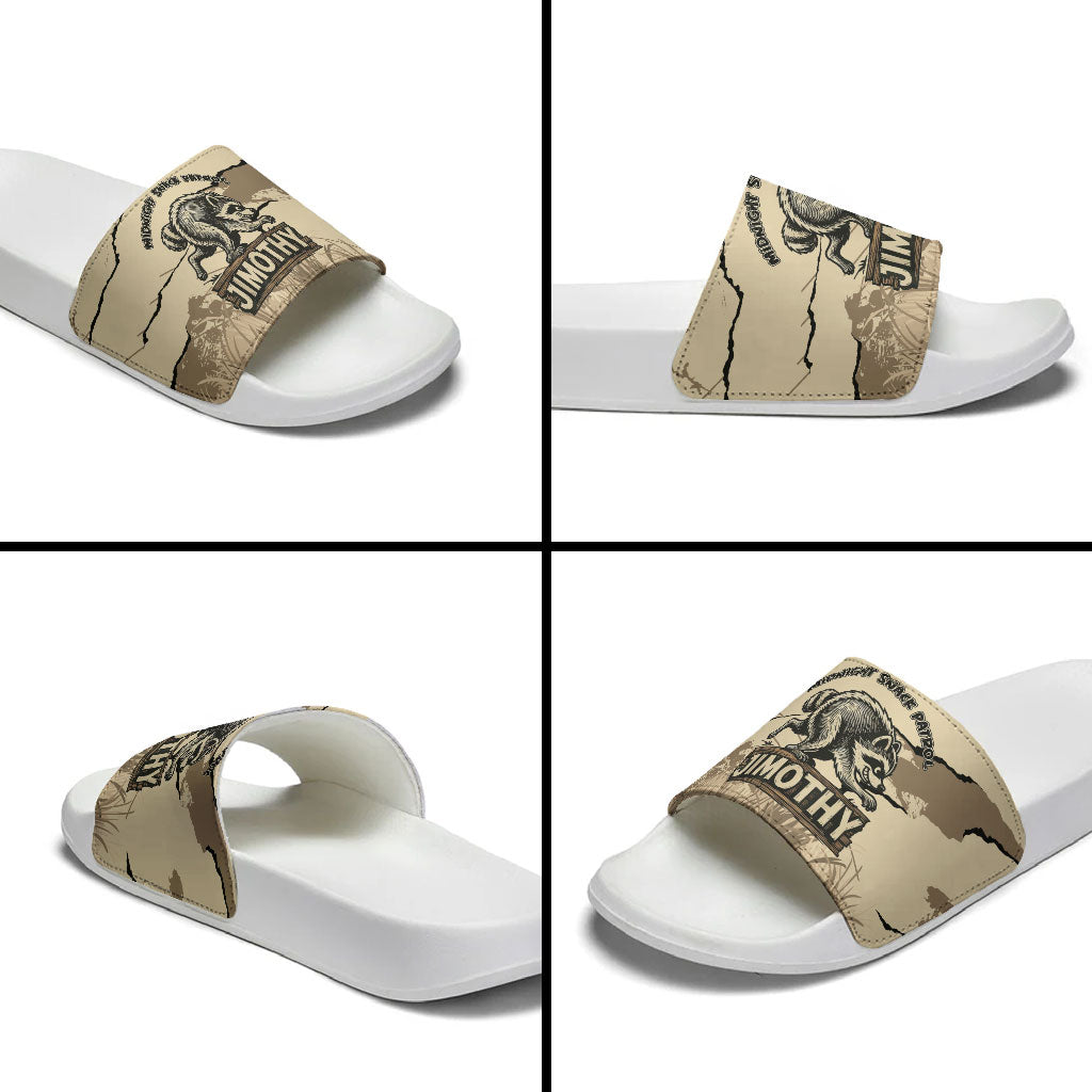 Jimothy the Raccoon Slide Sandals Midnight Snack Patrol