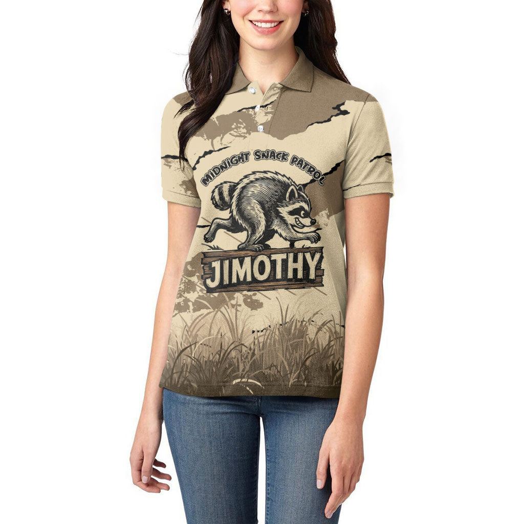 Personalized Jimothy the Raccoon Women Polo Shirt Midnight Snack Patrol