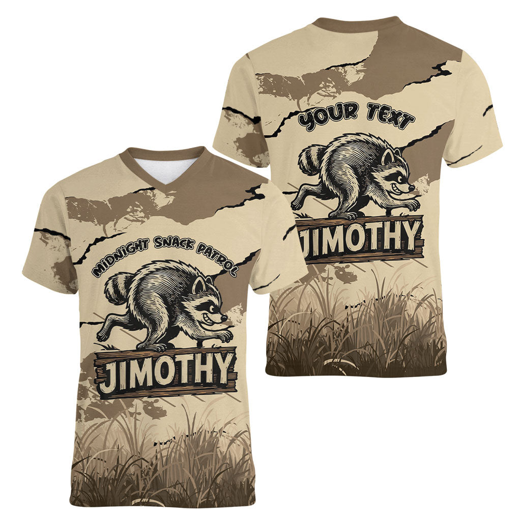 Personalized Jimothy the Raccoon Women V-Neck T-Shirt Midnight Snack Patrol